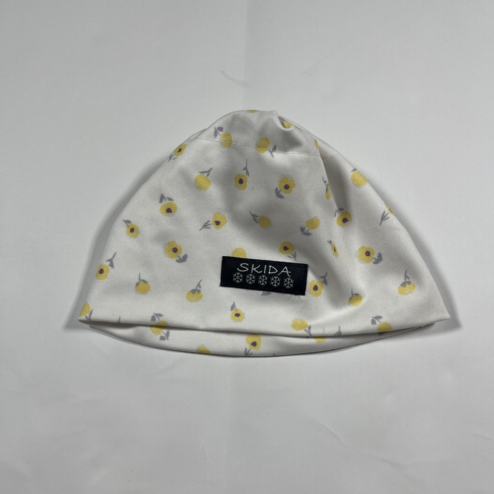 Baby Toddler Skida Hat-Fleece Lined Winter Beanie- White With Yellow Flowers